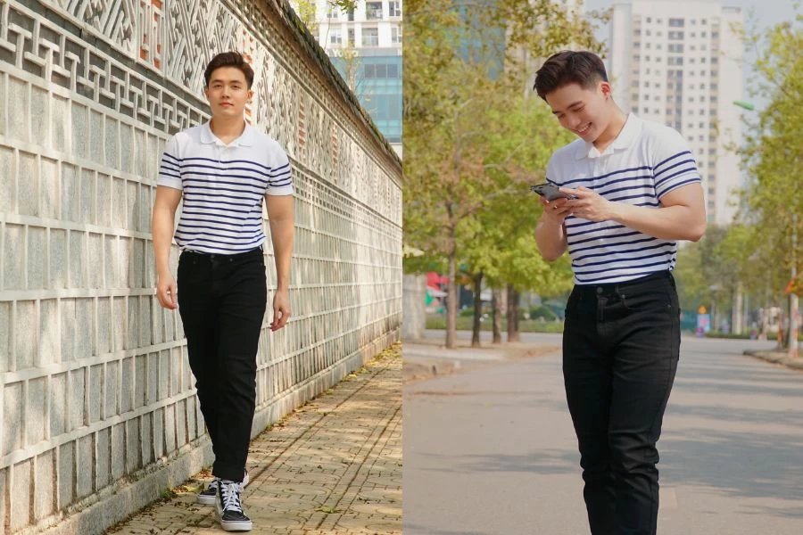 Áo polo đi cùng quần jean tạo outfit hài hòa, giúp cho các chàng trai có một vẻ ngoài cuốn hút hơn.